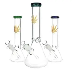 Gold Hemp Leaf Glass Beaker Water Pipe - Haze Smoke Shop USA - Vaporizers Super Store