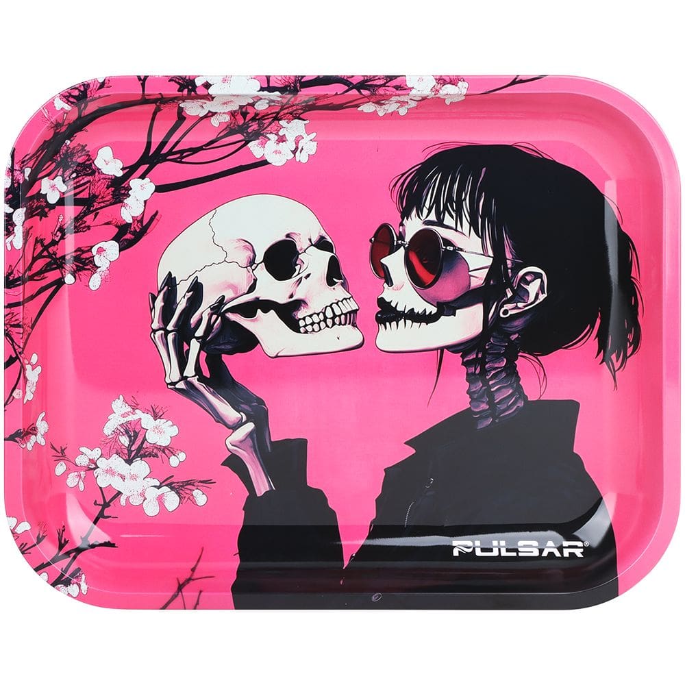 Pulsar Design Series Large Metal Rolling Tray - Sakura Skulls - 13"x11" Rolling Trays - Haze Smoke Shop USA