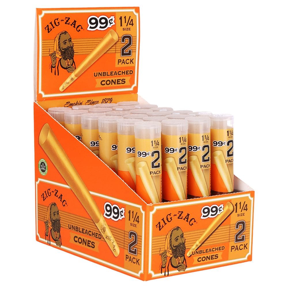 Zig Zag Pre-Priced Unbleached Cones - 1 1/4 / 2pc - 24ct Display Pre-Rolled Cones - Haze Smoke Shop USA