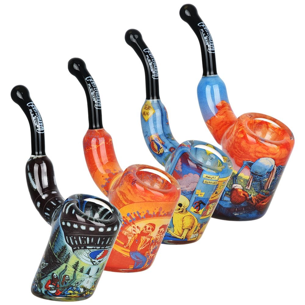 Grateful Dead x Pulsar Inside Print Bent Sherlock Pipe Glass Pipes - Haze Smoke Shop USA